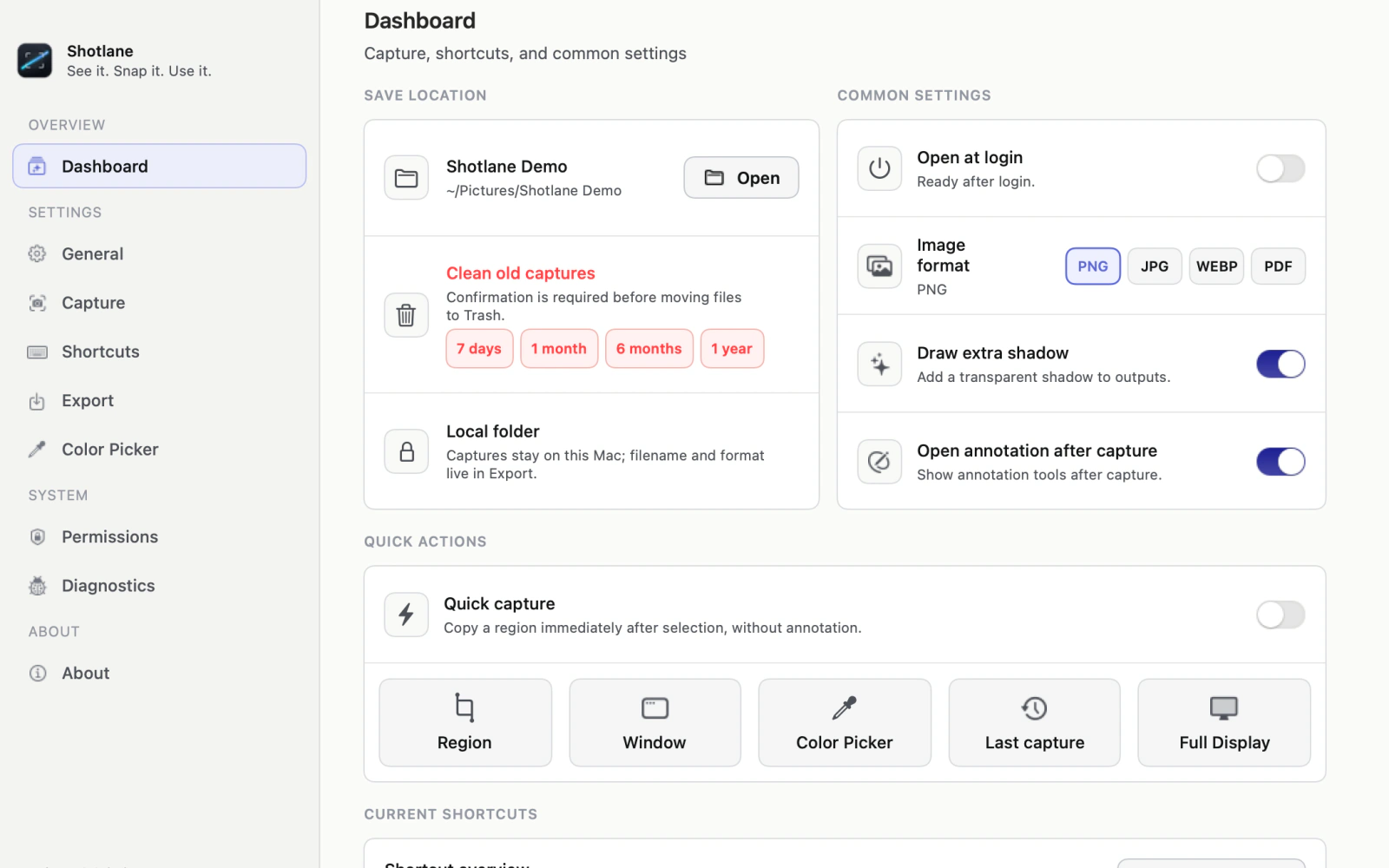 Shotlane dashboard with quick actions, shortcuts, and local cleanup