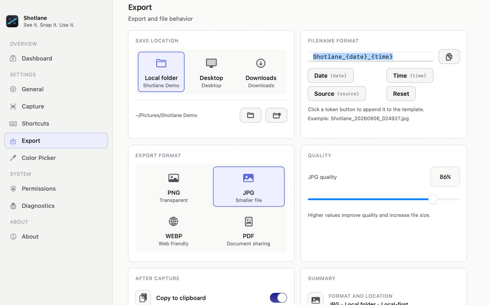 Shotlane export settings for folders, formats, and file names
